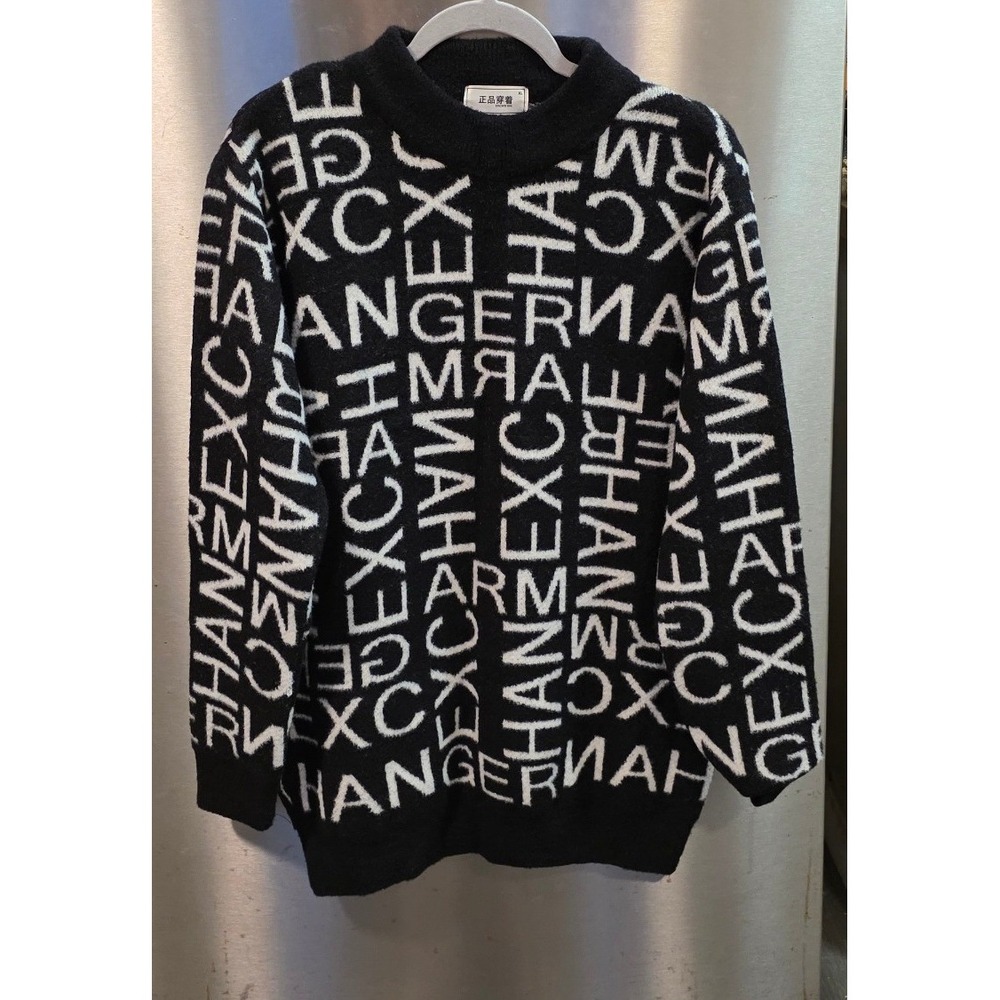 STICH'D DIV. Women XL Sweater Black White Typographic Graphic Crew Neck Knit